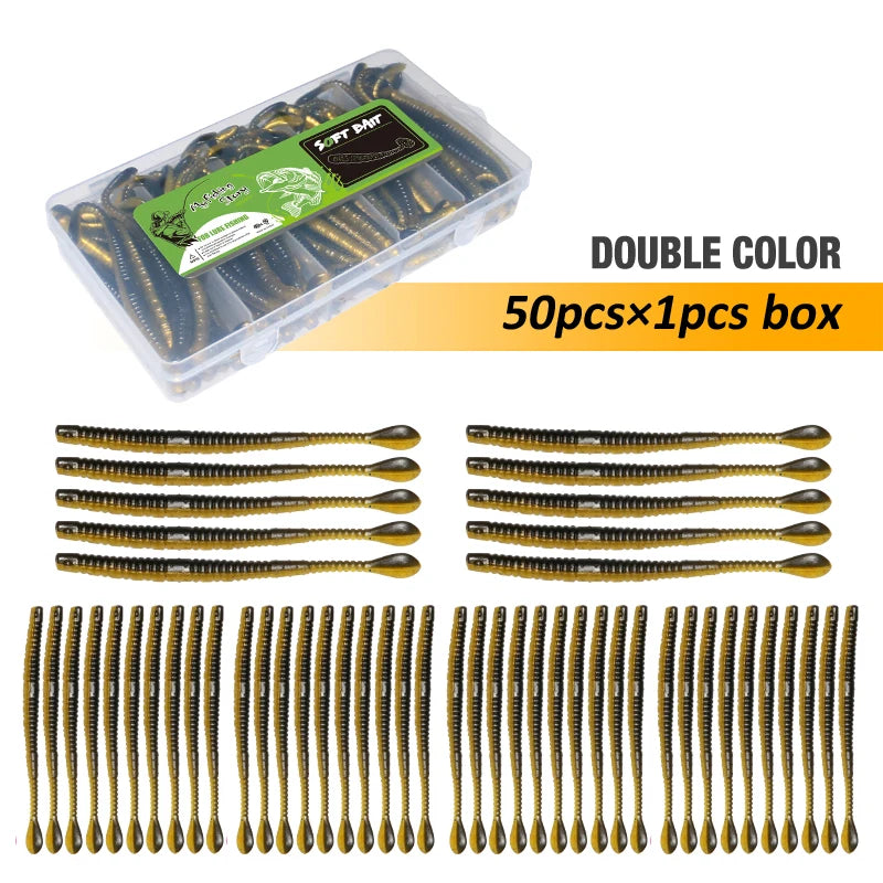 Fishing Lures 50pcs Floating Slug Lure Sinking Earthworm Soft Artificial Silicone Bait Kit Sea Wobbler Worm False Bait With Box