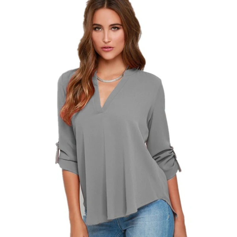 Women Tops Blouses Long Sleeve  V-Neck Chiffon Blouse office work Shirt