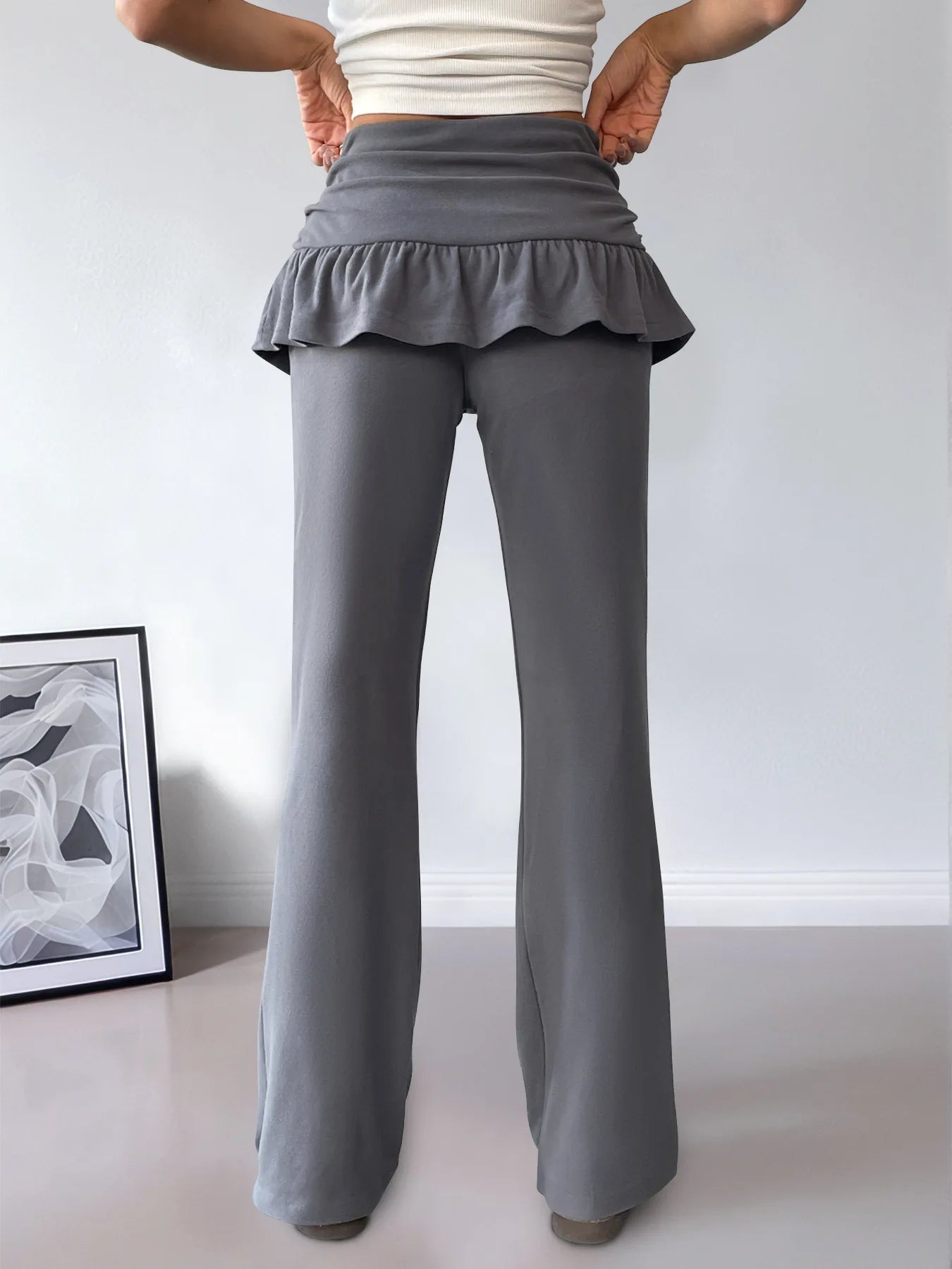 Women Elegant Flared Pants With Ruffled Skirt Fashio Overlay Deep Gray Wide Leg High Waist Pants Casual Fall Y2K Clothes Outfits