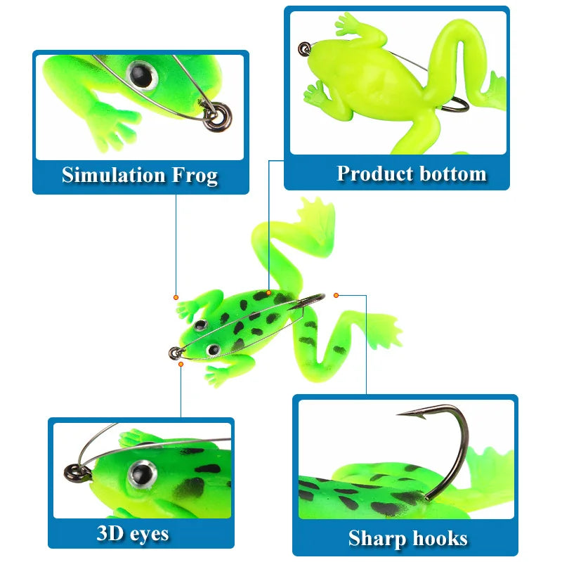 4Pcs Frog fishing Lure Soft Tube Bait Plastic Fishing Lure with Fishing Hooks Topwater Ray Frog Artificial 3D Eyes