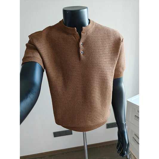 Men’s Short Sleeve Knit Polo Shirt Vintage Old Money Style Solid Color Breathable Cool Touch Henley Collar Top