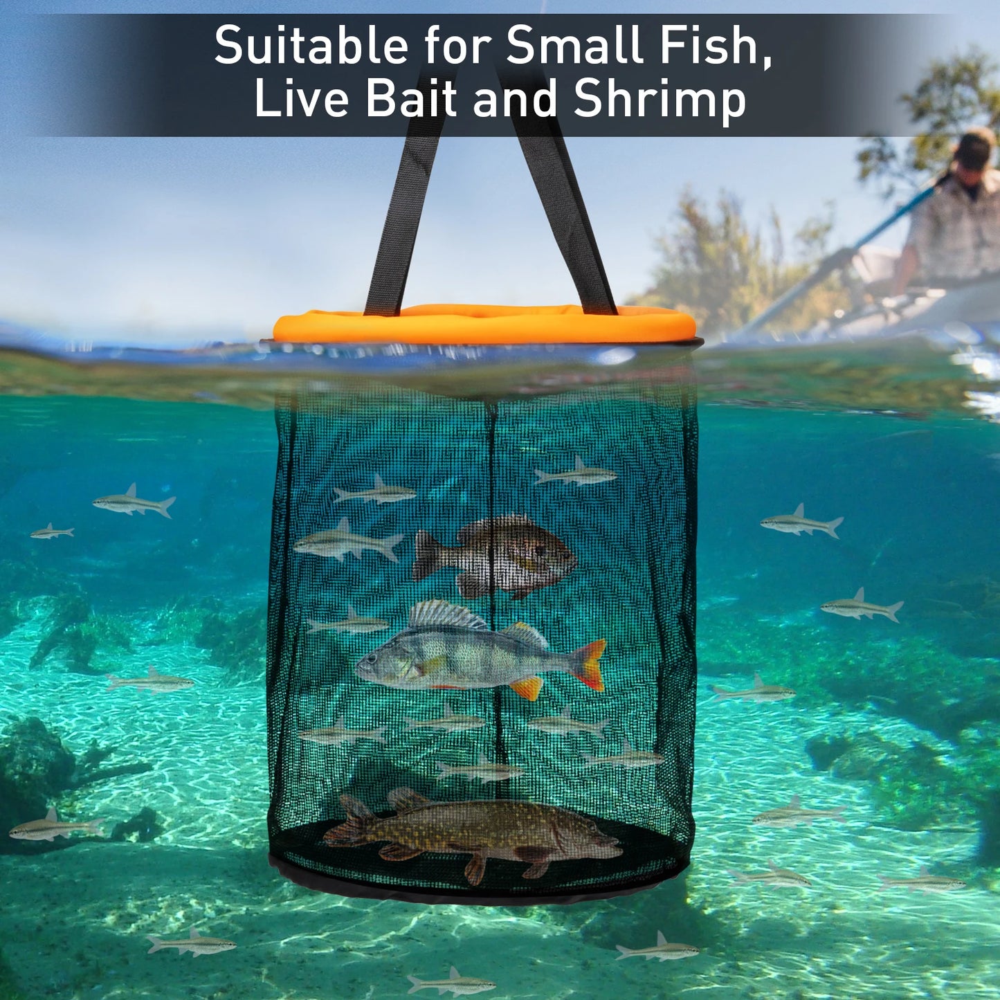 QualyQualy Floating Fishing Basket For 5 gallon Bucket Collapsible Fishing Net For Live Fish Shrimp Crab Portable Nylon Mesh Net