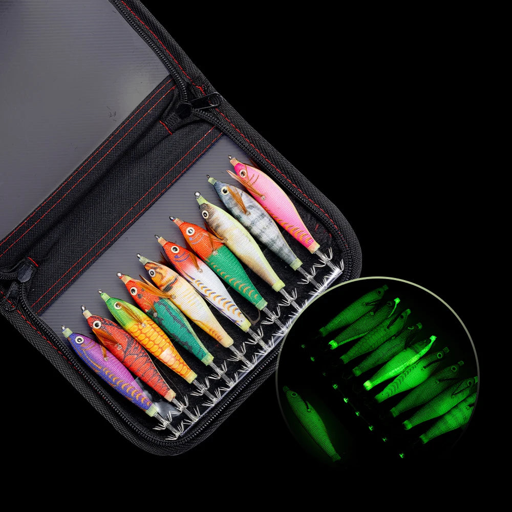 10pcs/Set  Luminous Horizontal Squid Jig Wood Shrimp Squid Sharp Hook Lures Octopus Cuttlefish Shrimp Saltwater Baits