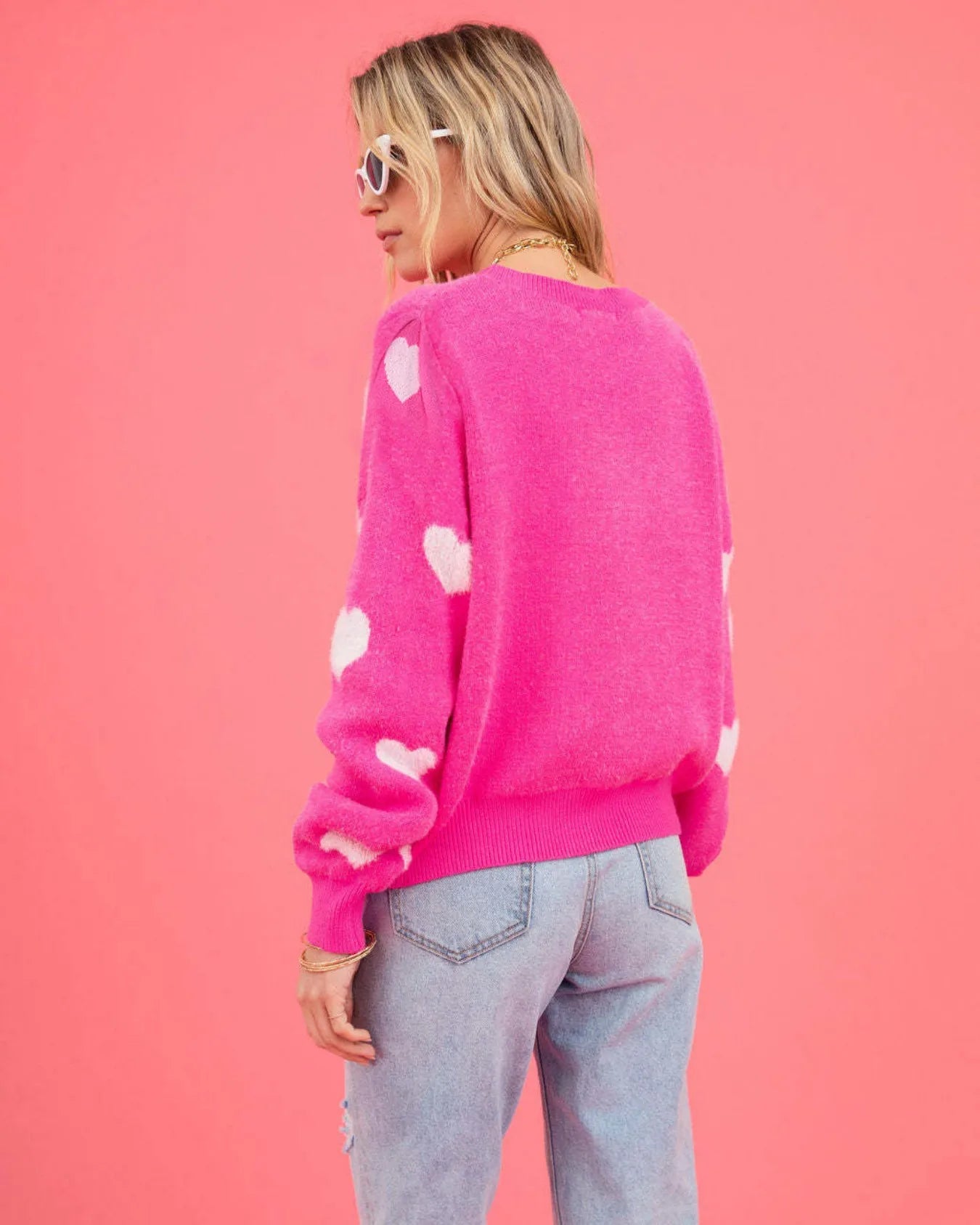 Women's Hot Pink Oversized Knit Sweater Heart Pattern Crew Neck Long Sleeve Casual Pullover Fuzzy Heart Pattern Sweater