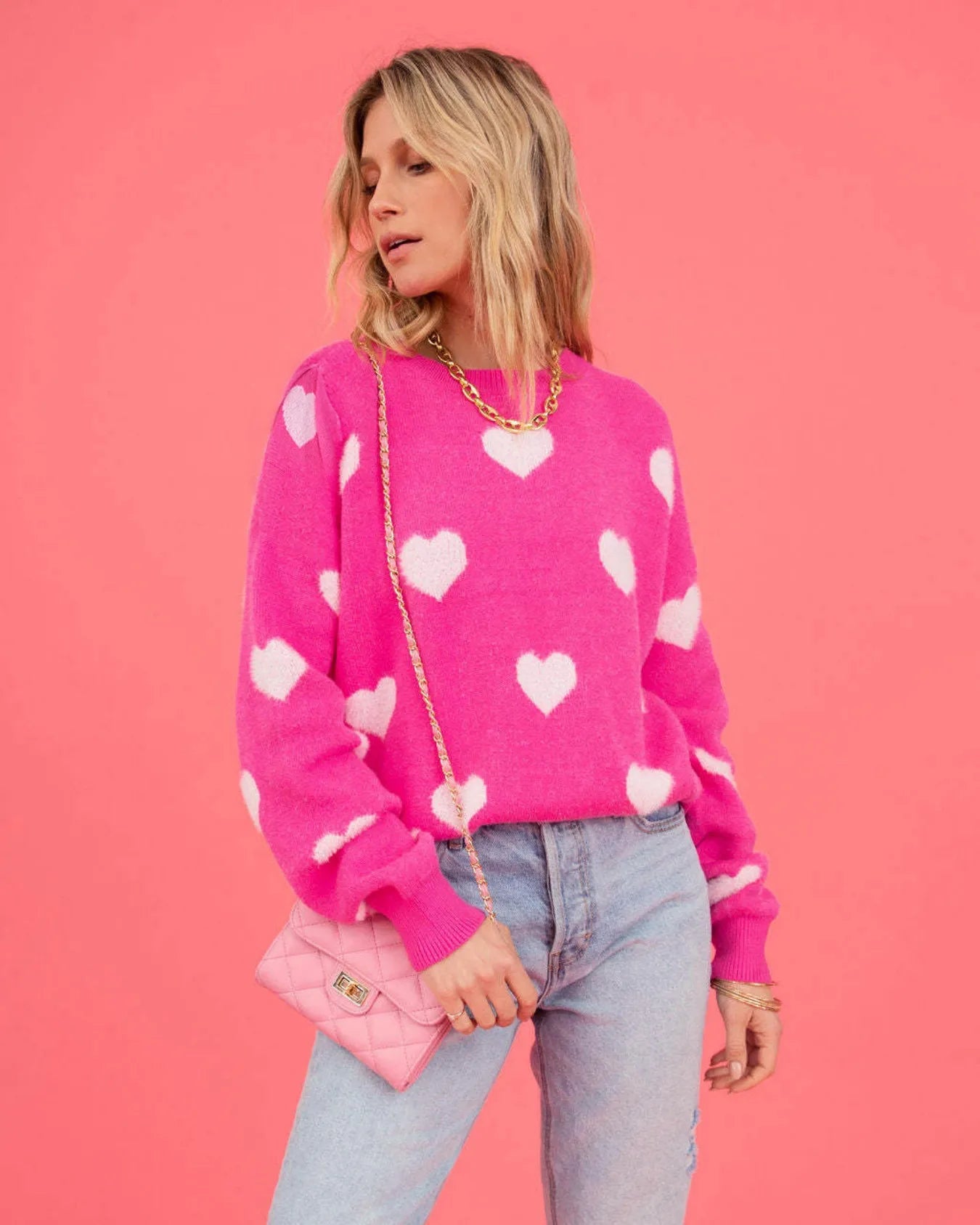 Women's Hot Pink Oversized Knit Sweater Heart Pattern Crew Neck Long Sleeve Casual Pullover Fuzzy Heart Pattern Sweater