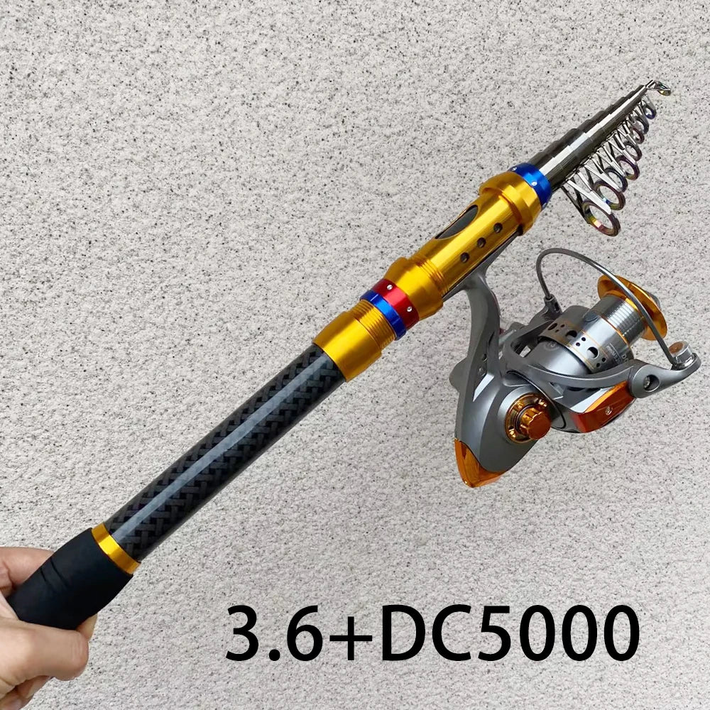 Fishing Rod and Reel Set 1.8-3.6m Carbon Telescopic Fishing Rod Pole with Metal Spool Spinning Reel Saltwater Freshwater Kits