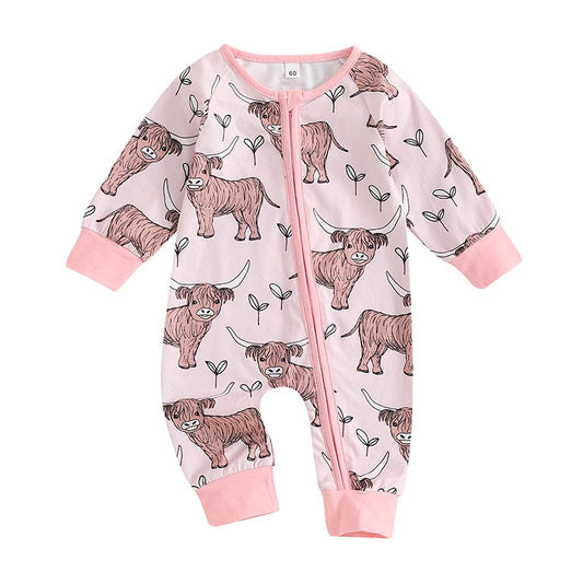Infant Toddler Cow Print Round Neck Long Sleeve Zip-Up Western Romper Jumpsuit for Autumn - Unisex Baby Full Length Outfit