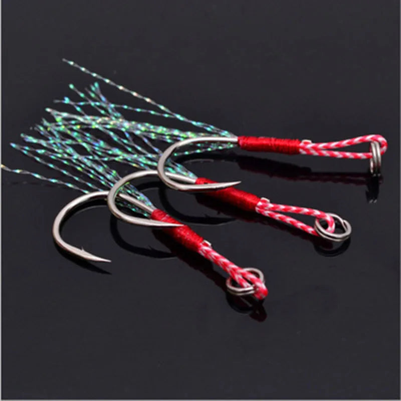 10PCS/Lot Carbon Steel Cast Jig Assist Fishing Hooks Thread Feather Lure Fishing Tackle Slow Jigging Head Hook Lure Accessories