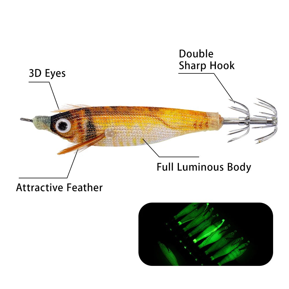 10pcs/Set  Luminous Horizontal Squid Jig Wood Shrimp Squid Sharp Hook Lures Octopus Cuttlefish Shrimp Saltwater Baits