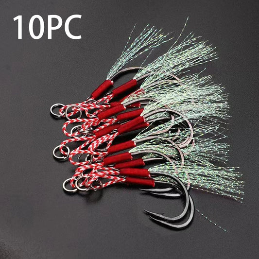 10PCS/Lot Carbon Steel Cast Jig Assist Fishing Hooks Thread Feather Lure Fishing Tackle Slow Jigging Head Hook Lure Accessories