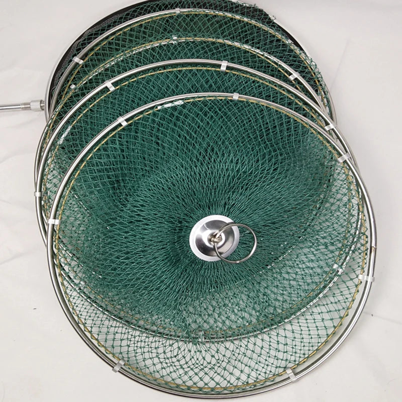Hand-woven Fish Basket Nylon Line Stainless Steel Rings Fishing Net Bag Foldable Anti-hanging And Quick-drying Fish Cages