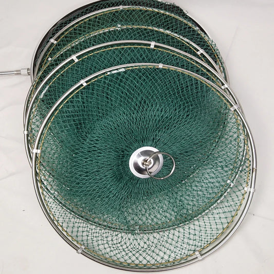Hand-woven Fish Basket Nylon Line Stainless Steel Rings Fishing Net Bag Foldable Anti-hanging And Quick-drying Fish Cages